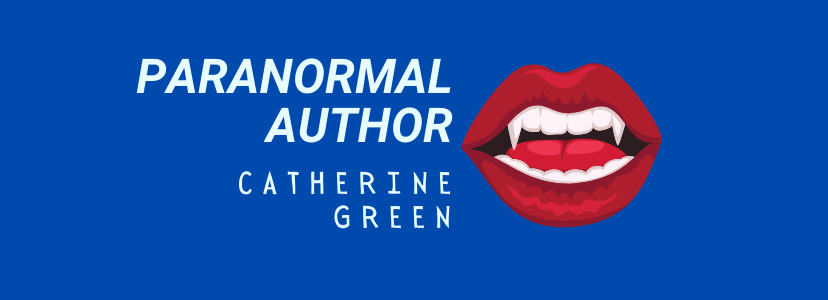 Logo for British Paranormal Author Catherine Green featuring red lips with vampire fangs on a blue background.