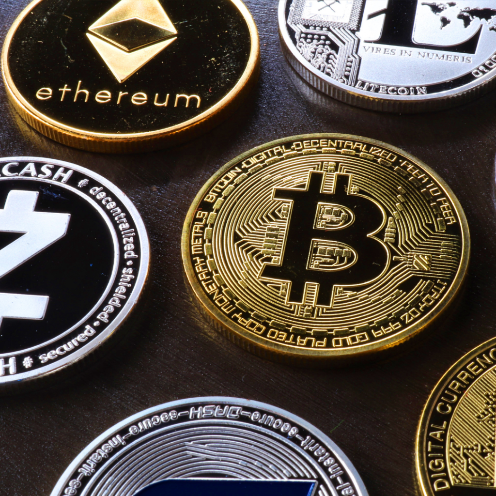 Image of Bitcoin Ethereum Litecoin Cryptocurrency coins featured at SpookyMrsGreen.com mindful parenting and modern pagan lifestyle blog. 