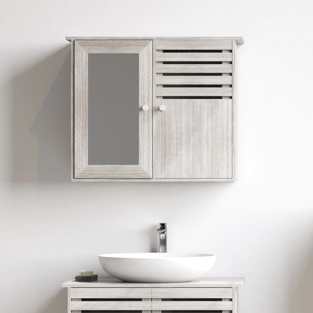 Image of a stylish white bathroom sink and grey wall cabinet from Bathroom Deco Luxury Bathroom Supplies affiliated with SpookyMrsGreen.com mindful parenting and modern pagan lifestyle blog.