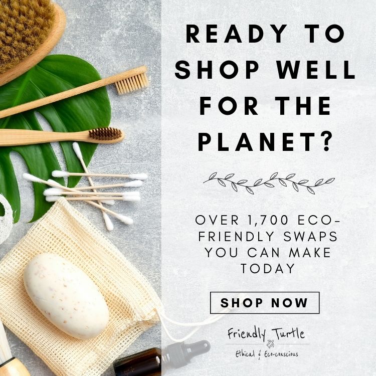 Text reads "Ready to shop well for the planet? Over 1,700 eco-friendly swaps you can make today. Shop now. Friendly Turtle. Ethical and Conscious." Affiliated with SpookyMrsGreen.com mindful parenting and modern pagan lifestyle blog.