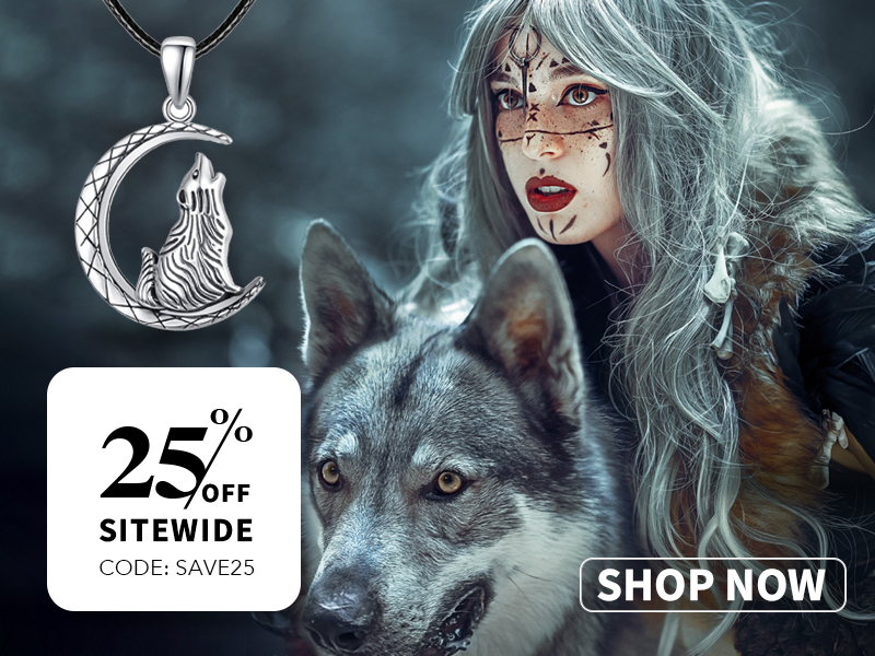 Image of a witch and a wolf with a sterling silver wolf and crescent moon necklace. Exclusive SpookyMrsGreen 25% off discount code at YFN Jewelry affiliated with SpookyMrsGreen.com mindful parenting and modern pagan lifestyle blog.