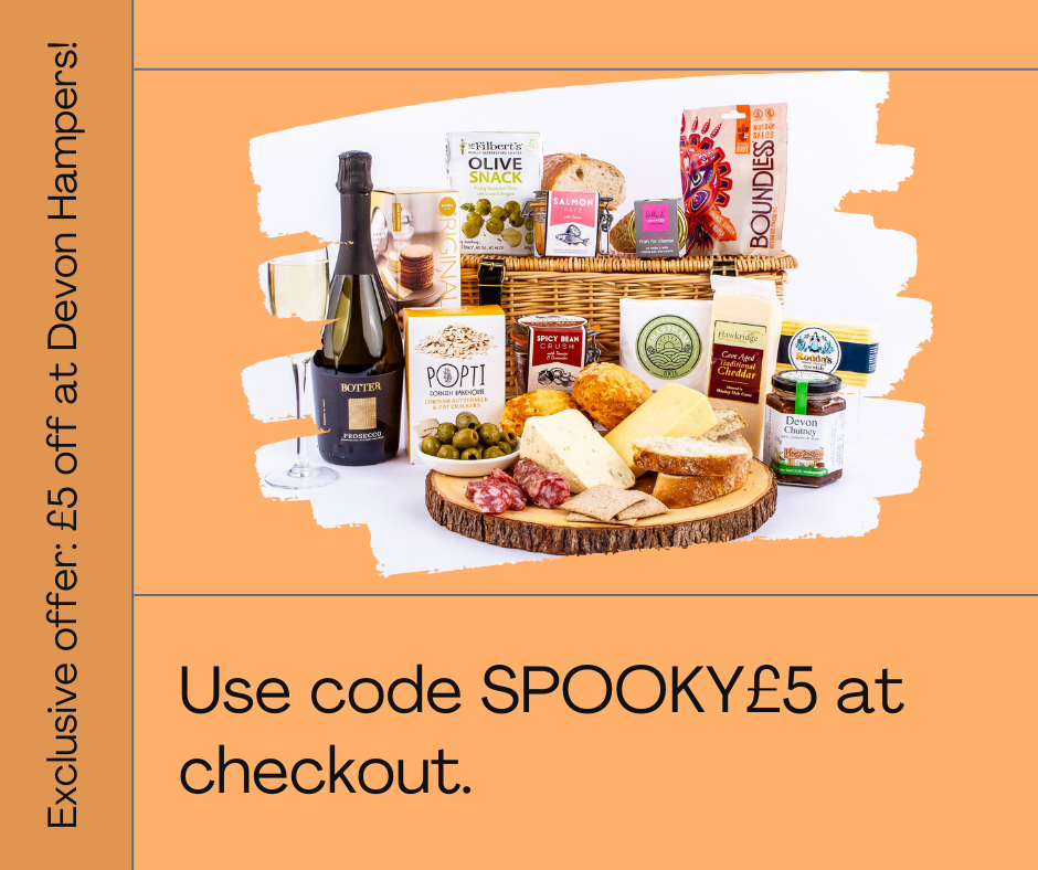 Image of a food and drink gift hamper including wine and cheese selection. Text reads, "Exclusive offer: £5 off at Devon Hampers. Use code SPOOKY5 at checkout" affiliated with SpookyMrsGreen.com mindful parenting and modern pagan lifestyle blog.