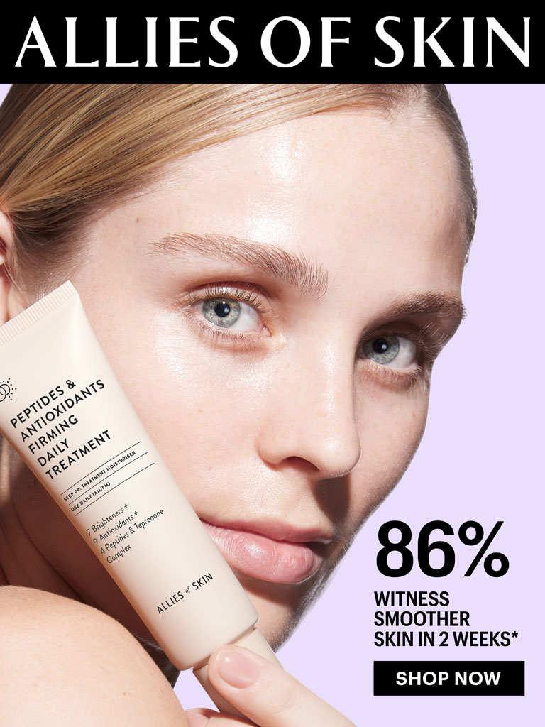 Image of a woman with smooth, clear skin holding Peptides & Antioxidants Firming Daily Treatment skincare from Allies of Skin. Text reads, "86% witness smoother skin in 2 weeks*. Shop now." Allies of Skin affiliated with SpookyMrsGreen.com mindful parenting and modern pagan lifestyle blog.