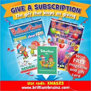 Colourful image of kids’ magazine Brilliant Brainz. Text reads “Give a subscription. The gift that keeps on giving. Use code XMAS23. With free magazine and gift card.” Brilliant Brainz magazines affiliated with SpookyMrsGreen.com mindful parenting and modern pagan lifestyle blog.