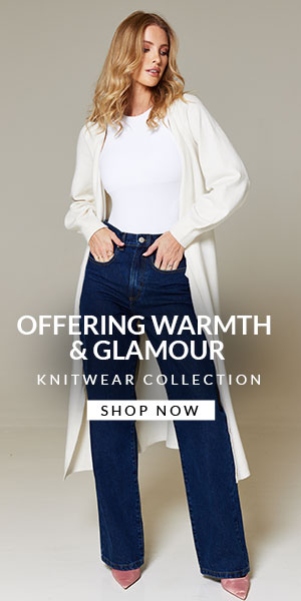 Image of a woman wearing a stylish knitted cardigan with white t-shirt and jeans. Text reads, “Offering warmth and glamour. Knitwear Collection. Shop now.” Closet London knitwear collection affiliated with SpookyMrsGreen.com mindful parenting and modern pagan lifestyle blog.