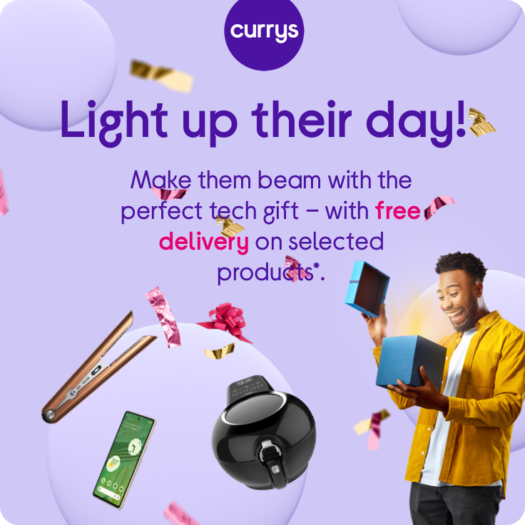 Colourful image with purple background, a smartphone, hair straighteners and air fryer, and a smiling man opening a box of gifts with light glowing from the open box. Text reads, “Light up their day! Make them bean with the perfect tech gift – with free delivery on selected products.” Currys Christmas gifts affiliated with SpookyMrsGreen.com mindful parenting and modern pagan lifestyle blog.