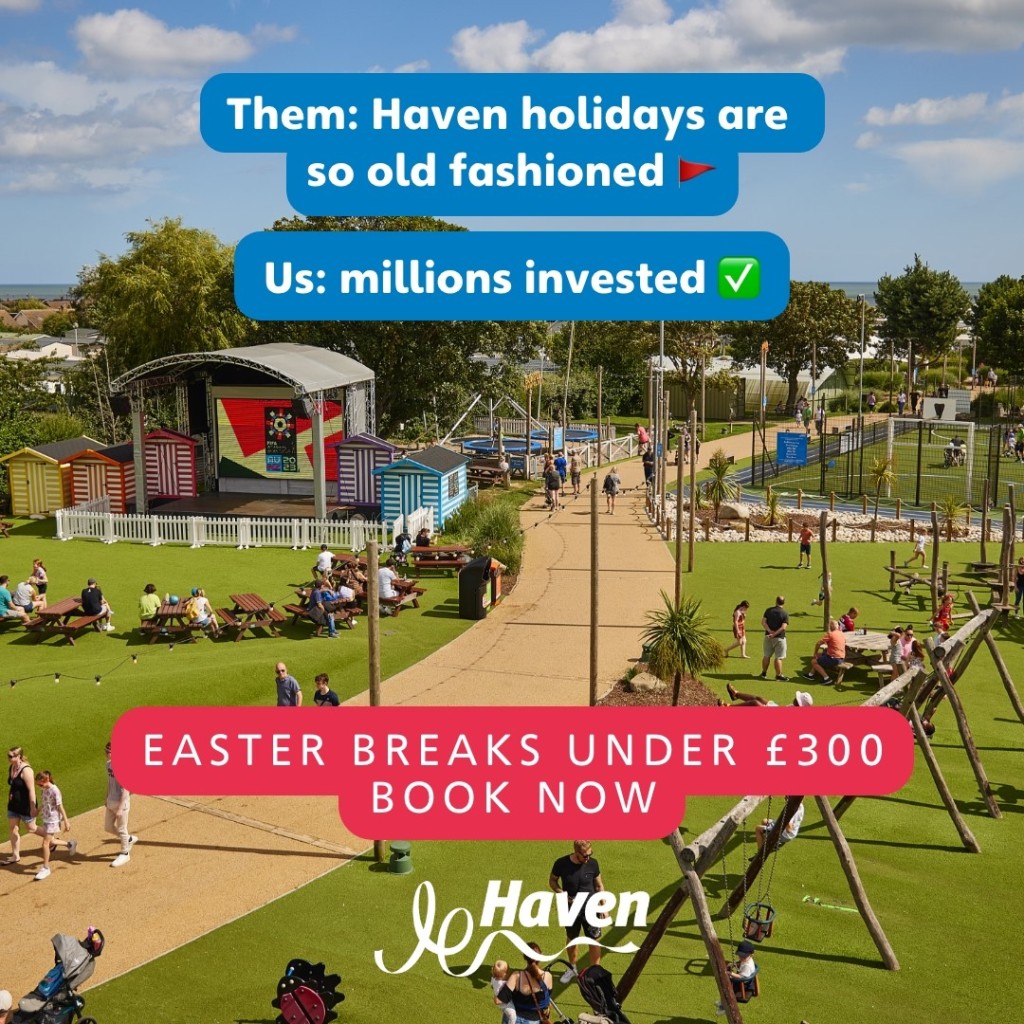 Image of a holiday park on a sunny day with a children’s play area, outdoor arena, sports, and leisure facilities. Text reads, "Them: Haven holidays are so old-fashioned. Us: Millions invested. Easter breaks under three hundred pounds. Book now. Haven." Haven Holidays affiliated with SpookyMrsGreen.com mindful parenting and modern pagan lifestyle blog.