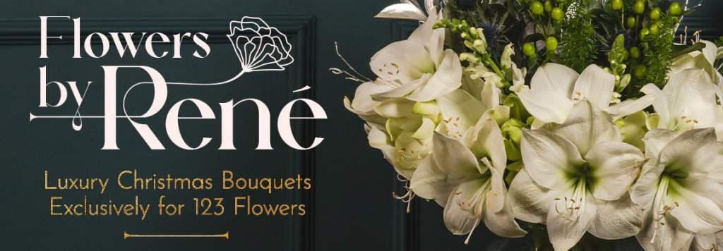 Text reads, "Flowers by Rene. Luxury Christmas bouquets exclusively for 123 Flowers." Image of Luxury Christmas Flowers from 123 Flowers affiliated with SpookyMrsGreen.com mindful parenting and modern pagan lifestyle blog.