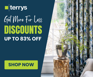 Blue background with image of stylish curtains and a vase of flowers. Text reads “Terrys. Get more for less discounts up to 83 per cent off. Shop now.” Terrys affiliated with SpookyMrsGreen.com mindful parenting and modern pagan lifestyle blog.