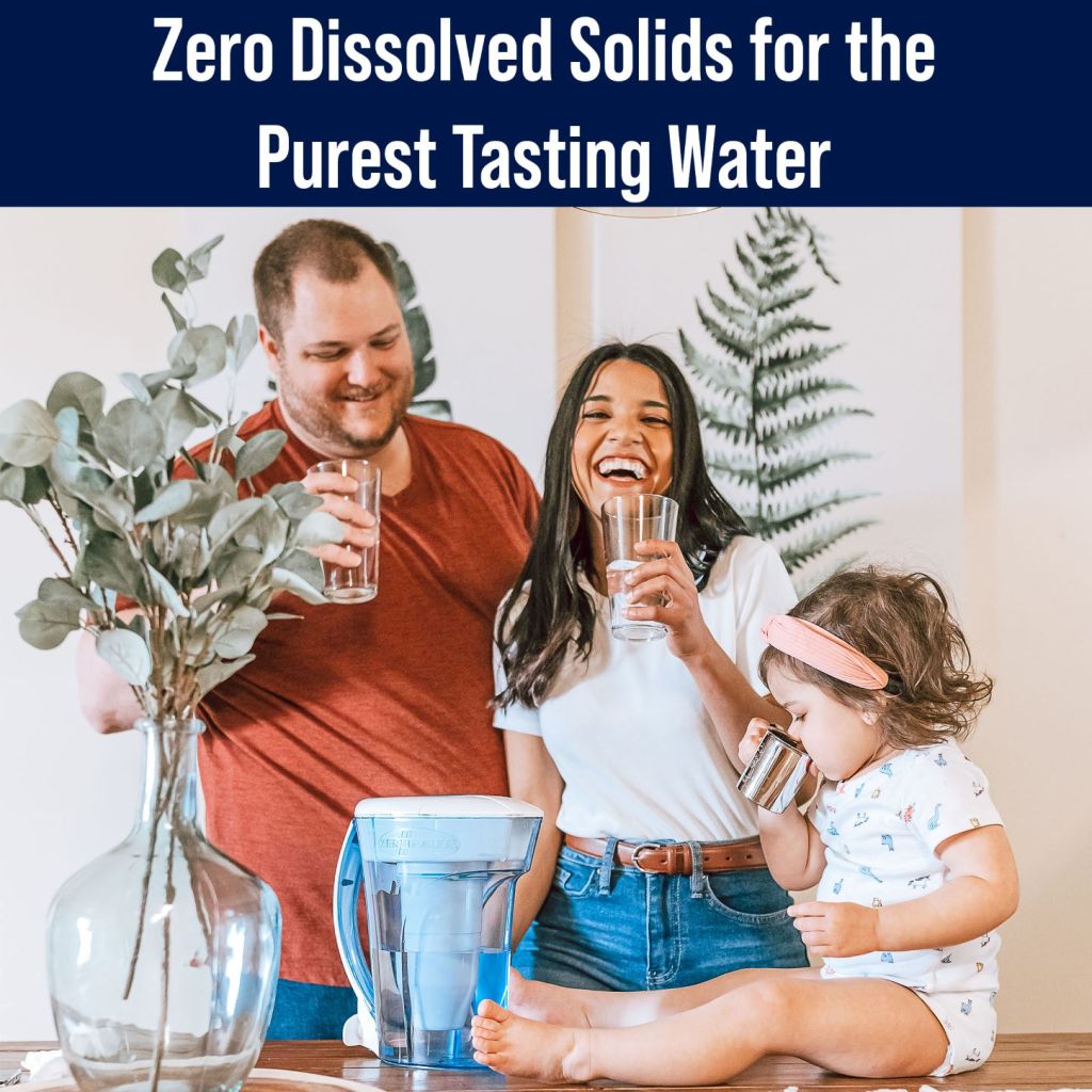 Image of a young family smiling and drinking water. Text reads, “Zero dissolved solids for the purest tasting water.” Zerowater affiliated with SpookyMrsGreen.com mindful parenting and modern pagan lifestyle blog.
