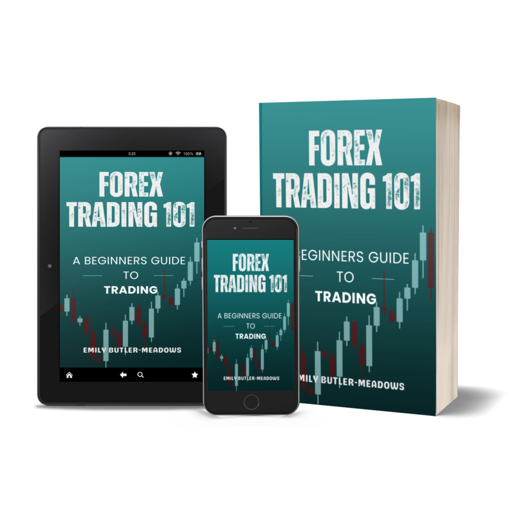 3D book cover image for “Forex Trading 101: A Beginner’s Guide to Trading” by Emily Butler-Meadows including phone and iPad download images for tablet, iPhone, and android book readers.