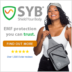 Image of a woman smiling and wearing a Shield Your Body bag to protect her from EMF energy. Text reads, “SYB Shield Your Body. EMF protection you can trust. Find out more. Over one thousand five hundred five-star reviews.” Shield Your Body affiliated with SpookyMrsGreen.com mindful parenting and modern pagan lifestyle blog.