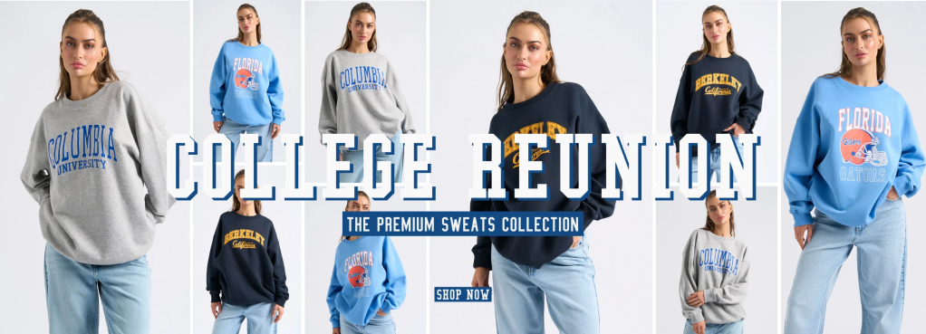 Image of women wearing stylish retro sweaters and jeans. Text reads, “College reunion. The premium sweats collection. Shop now.” Consciously creative style and forward-thinking fashion at Urban Bliss affiliated with SpookyMrsGreen.com mindful parenting and modern pagan lifestyle blog.