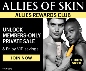 Text reads, “Allies of Skin Allies Rewards Club. Unlock members-only private sale and enjoy VIP savings!” Sexy image of models holding skincare products from Allies of Skin affiliated with SpookyMrsGreen.com mindful parenting and modern pagan lifestyle blog.