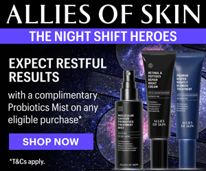 Black background with images of probiotic treatment mist, peptides and antioxidants firming daily treatment and molecular barrier recovery cream balm skincare products. Text reads, "Allies of Skin. The Night Shift Heroes. Expect restful results with a complimentary Probiotic Mist on any eligible purchase.” Allies of Skin affiliated with SpookyMrsGreen.com mindful parenting and modern pagan lifestyle blog.
