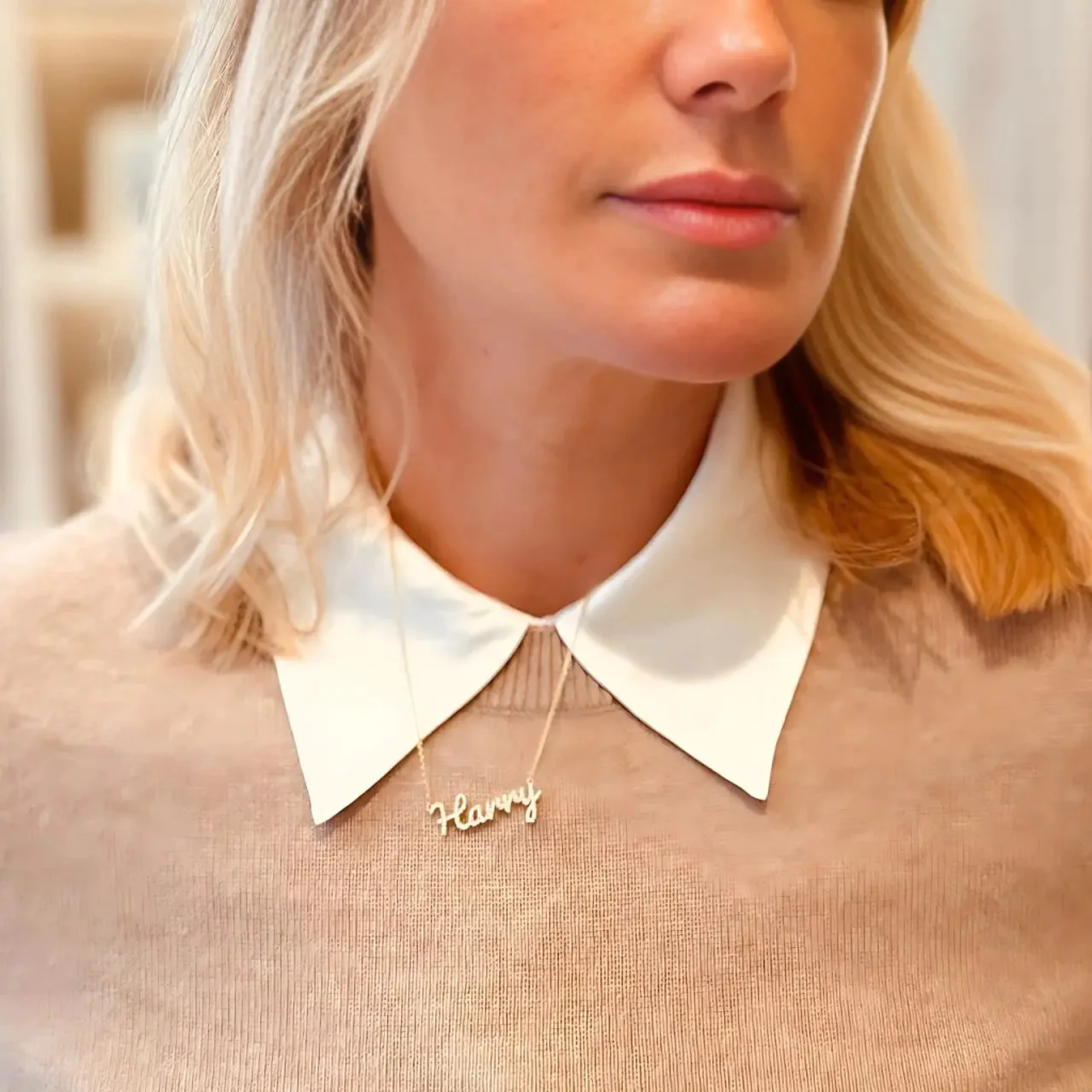 Image of a woman wearing diamond name jewellery from Argent and Asher affiliated with SpookyMrsGreen.com mindful parenting and modern pagan lifestyle blog.