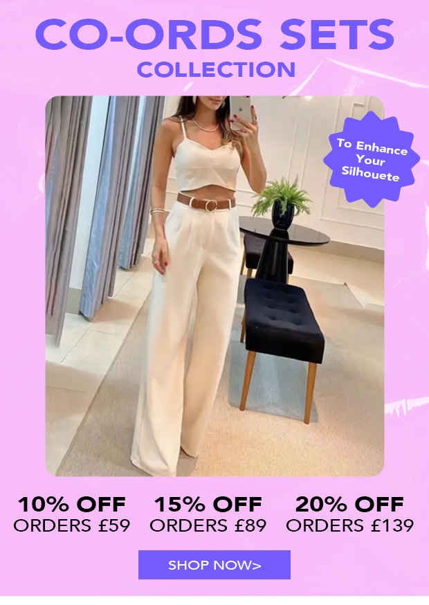Image of a woman taking a selfie wearing a stylish co-ords set of cream trousers and cream strappy top. Text reads, “Co-ords set collection. To enhance your silhouette. Get 10% off orders over £59, 15% off orders over £89 and 20% off orders over £139. Shop now.” ChicMe affiliated with SpookyMrsGreen.com mindful parenting and modern pagan lifestyle blog.