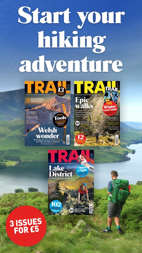 Colourful image of Trail magazine front covers. Text reads, "Start your hiking adventure with three issues for five pounds.” Trail magazine from Great Magazines affiliated with SpookyMrsGreen.com mindful parenting and modern pagan lifestyle blog.