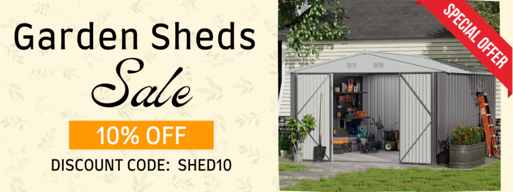 Image of a metal storage shed garden shed. Text reads, “H&O Direct Garden Sheds Sale ten per cent off.” H&O Direct affiliated with LGBT fantasy book writer Catherine Green at SpookyMrsGreen mindful parenting and modern pagan lifestyle blog.