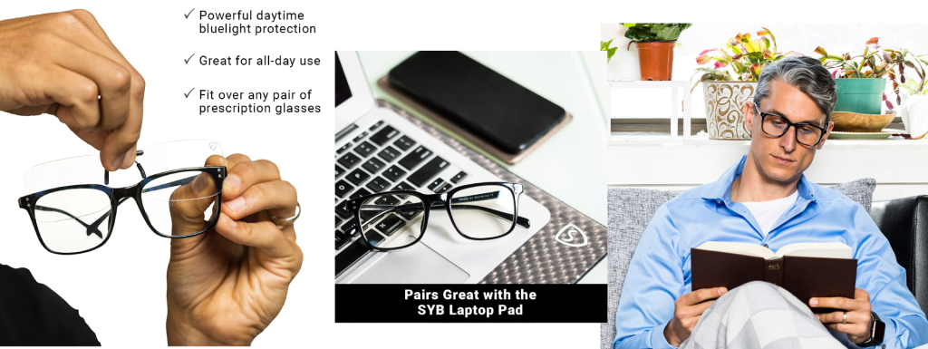 Image of blue light glasses from Shield Your Body and a pair of blue light glasses sitting on a laptop keyboard. Text reads, “Powerful daytime blue light protection. Great for all-day use. Fit over any pair of prescription glasses. Pairs great with the SYB Laptop Pad.” Image of a man wearing SYB Blue Light glasses from Shield Your Body affiliated with SpookyMrsGreen.com mindful parenting and modern pagan lifestyle blog.